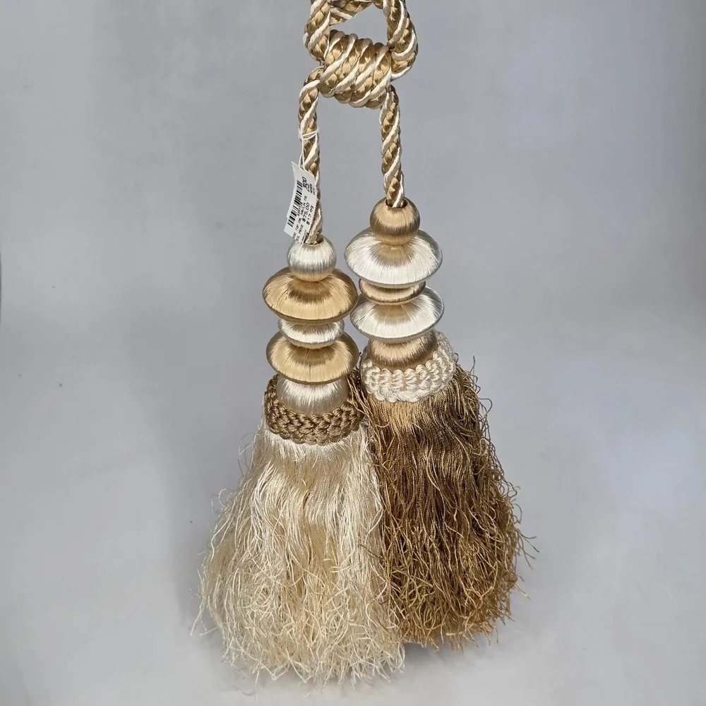 Luxury Double Tassel Curtain Tie Back Ivory Gold Linen Disc Top 8397728